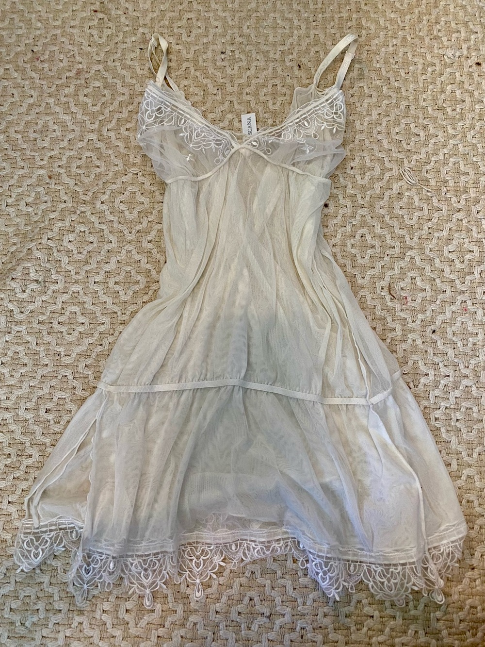 Sheer Lace-Trim Ivory Slip Dress